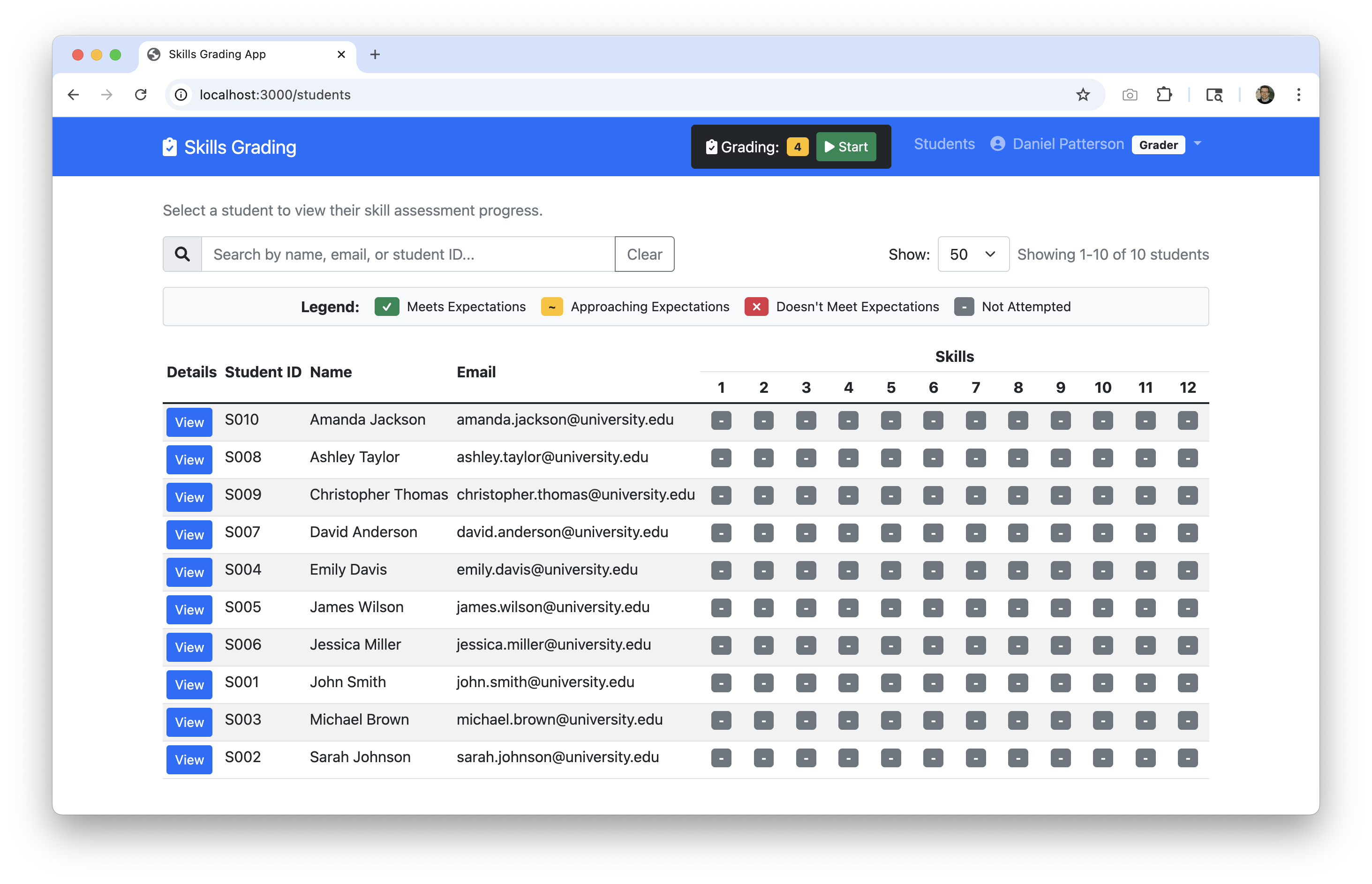 Skills Grading App - Student List View